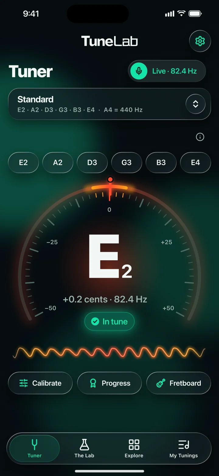Tuner showing E2 in tune