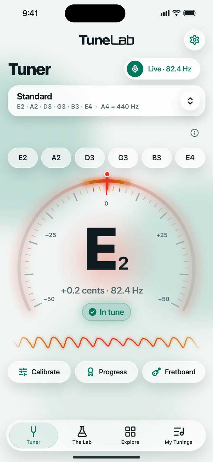 Tuner showing E2 in tune